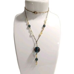 Blue Clear Swirl Art Glass Crystal Beads Y Lariat Necklace By Korea Adjustable